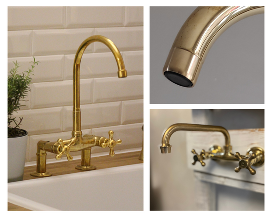 close-up images of brass tap spouts