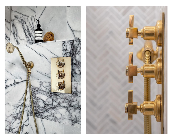 thermostatic shower handles in unlacquered brass