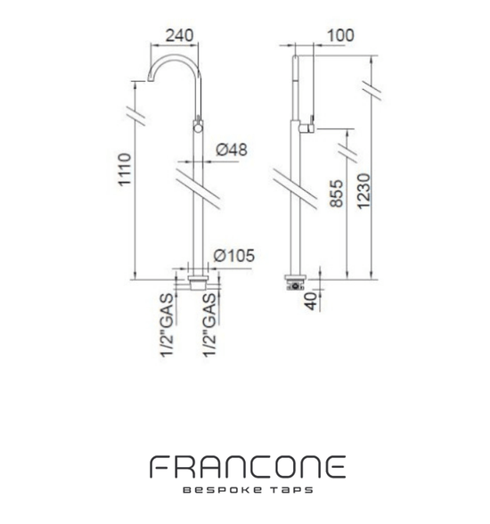 SS77 Floor mounted tap with mixer in stainless steel