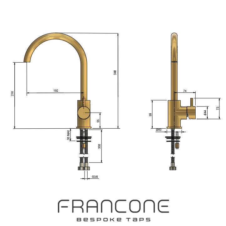 Technical drawing with dimensions for the Francone BT14C solid brass kitchen mixer tap and faucet.