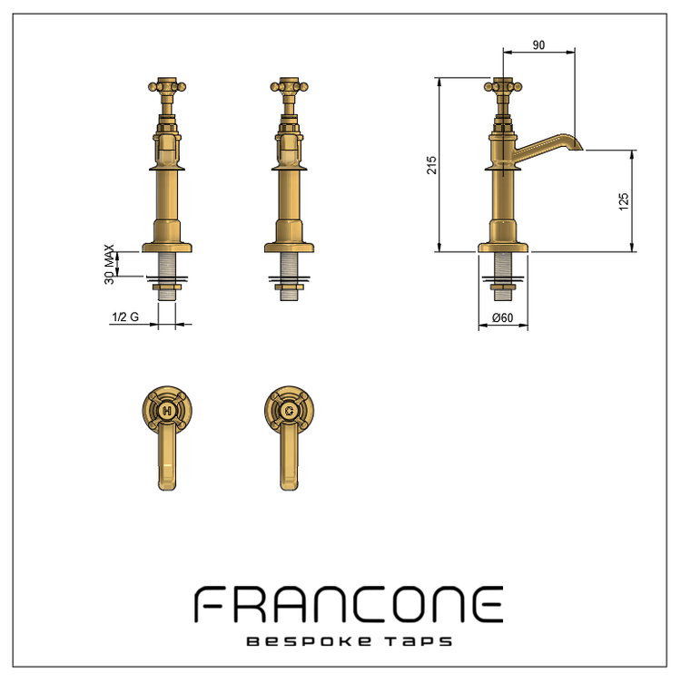 Technical drawing with dimensions for the Francone BT15D traditional solid brass bathroom pillar faucets.