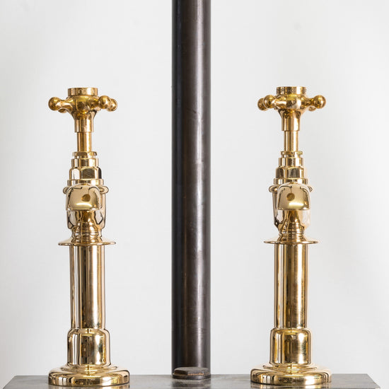Traditional Francone BT15D unlacquered brass deck mounted extended pillar taps, also known as a vintage bathroom faucet.