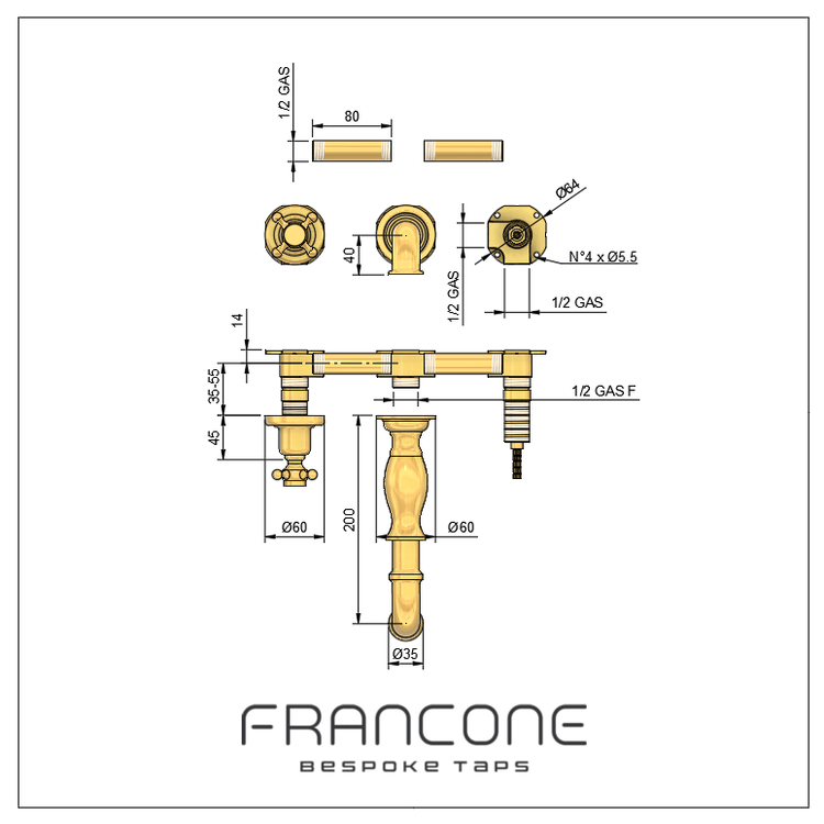 Technical drawing with dimensions for the Francone BT18 wall-mounted traditional double-handle bathroom faucet.