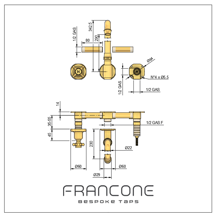 Technical drawing with dimensions for the Francone BT2 traditional three-hole wall-mounted bathroom faucet.