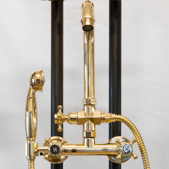 Francone BT22 traditional wall-mounted bath filler tap and hand shower faucet in unlacquered solid brass.