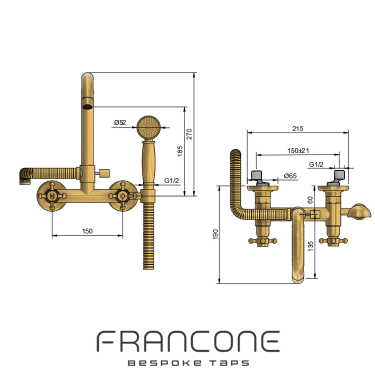 Technical drawing with dimensions for the Francone BT22 wall mounted brass bath filler faucet and hand shower.