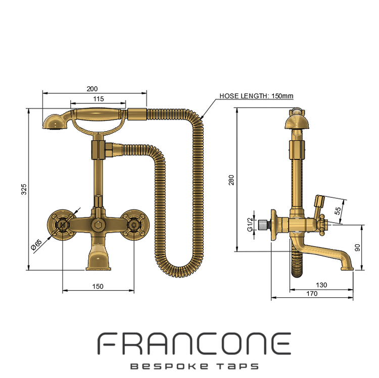 Technical drawing with dimensions for the Francone BT23H solid brass wall-mounted bath filler faucet.