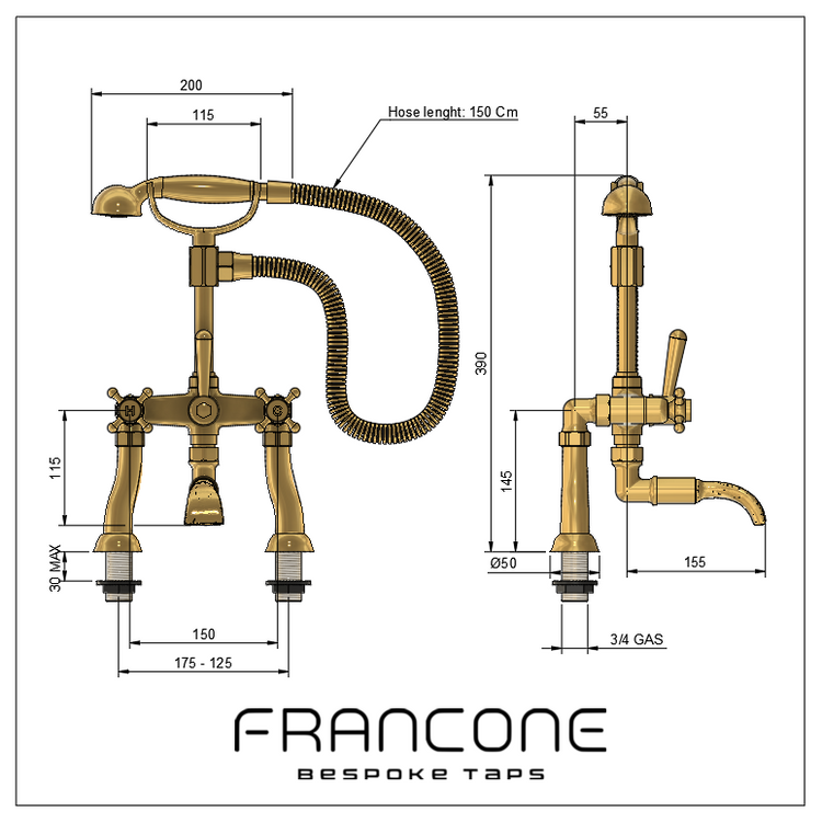 Technical drawing with dimensions for the Francone BT23HD traditional brass bath filler faucet and hand shower.
