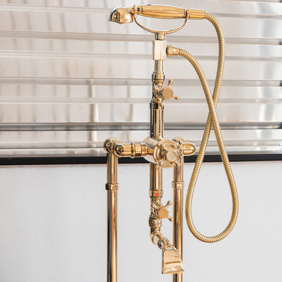 Traditional solid brass Francone BT23TF floor-mounted thermostatic bath filler faucet with hand shower.