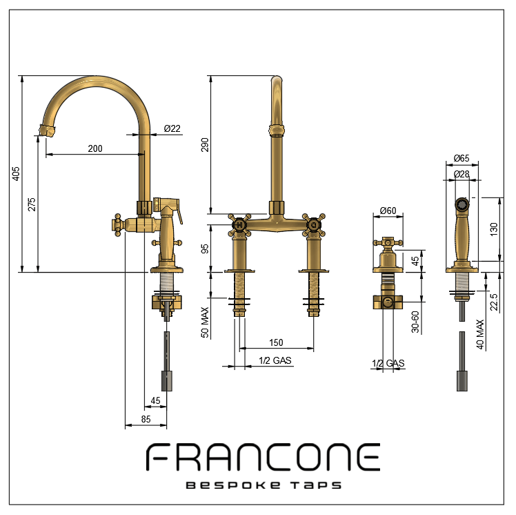 Technical drawing with dimensions for the Francone BT28Y traditional kitchen tap and spray rinse faucet.