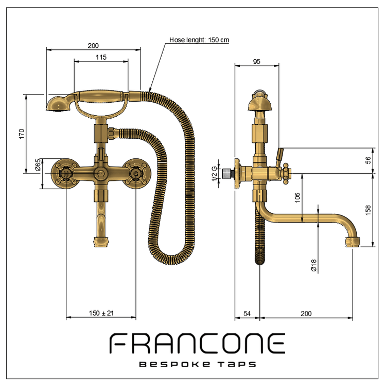 Technical drawing with dimensions for the Francone BT3 traditional wall-mounted solid brass bath filler faucet.