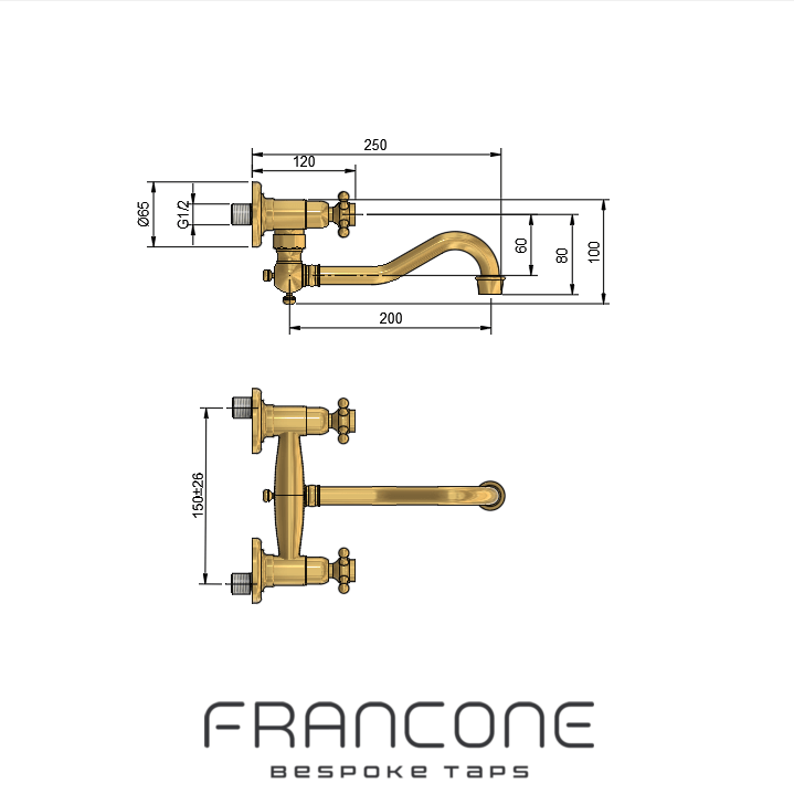 Francone BT30 traditional wall mounted tap with a swivel spout shown in an unlacquered brass technical drawing with dimensions.