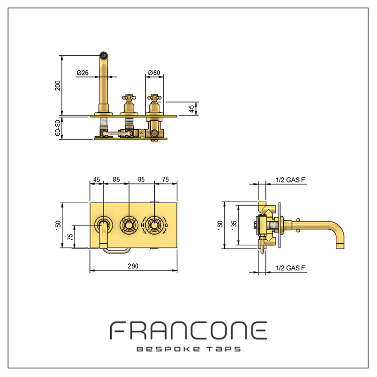 Technical drawing with dimensions for the Francone BT33T wall-mounted solid brass thermostatic bath and basin tap.