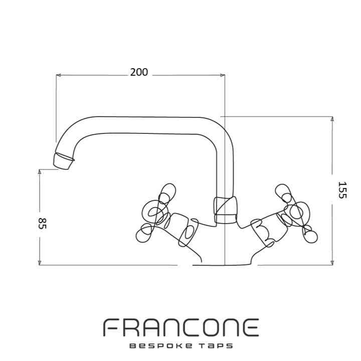 Francone BT36 single-hole traditional solid brass tap technical drawing with dimensions of 200mm, 155mm, and 85mm.