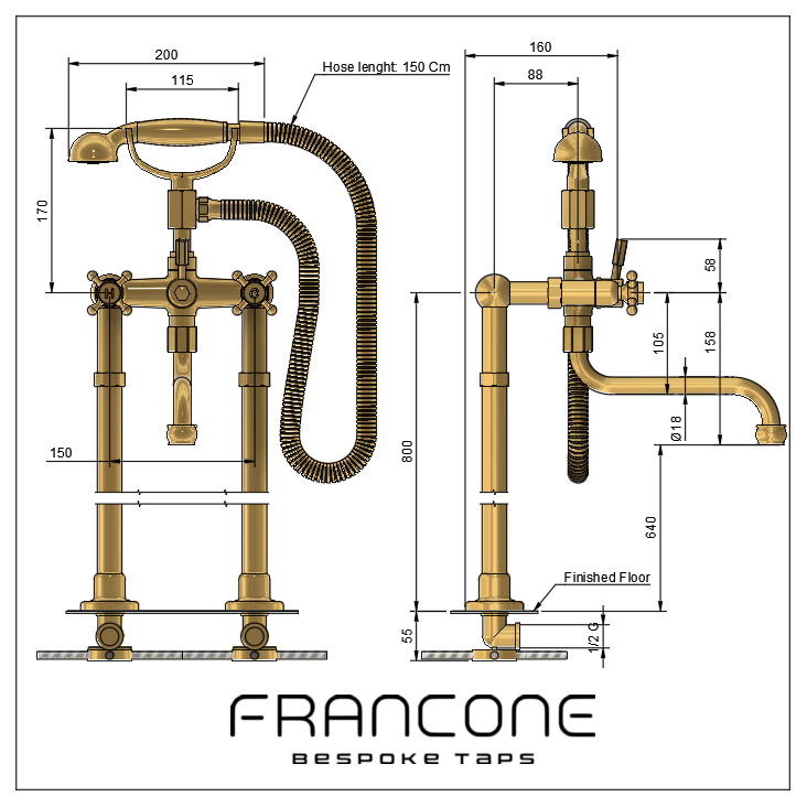 Technical drawing with dimensions for the Francone BT3F traditional brass floor-mounted bath filler and shower faucet.
