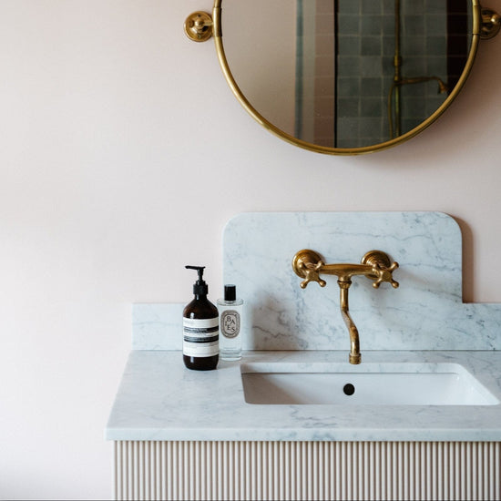 Francone BT41 unlacquered brass traditional faucet, styled by Studio Faeger x Ellen Christina Hancock.