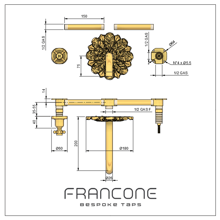 Francone BT44 wall mounted taps with an ornamental plate shown in a technical drawing with dimensions, made from unlacquered solid brass.