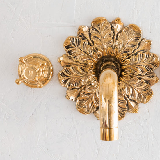 Francone BT44 wall mounted tap with an unlacquered brass ornamental plate and a circular hot water handle.