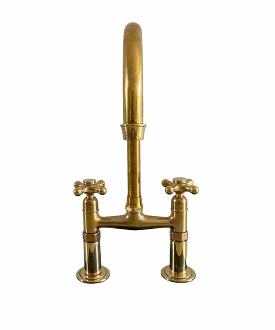 Traditional Francone BT49R unlacquered brass tall kitchen bridge tap, also a vintage deck-mounted faucet.