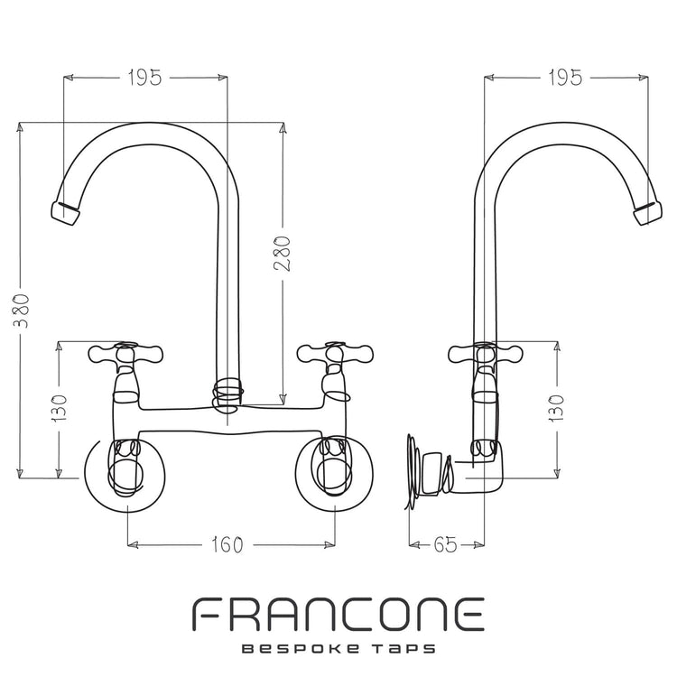 Technical drawing with dimensions for the Francone BT49T traditional wall-mounted kitchen faucet in solid brass.