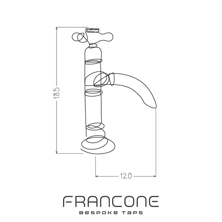 Technical drawing with dimensions for the Francone BT50D solid brass single pillar tap with waterfall spout.