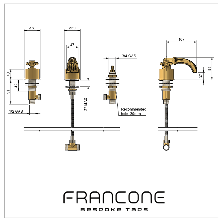 Technical drawing with dimensions for the Francone BT50M three-hole deck-mounted bath tap, made of solid brass.