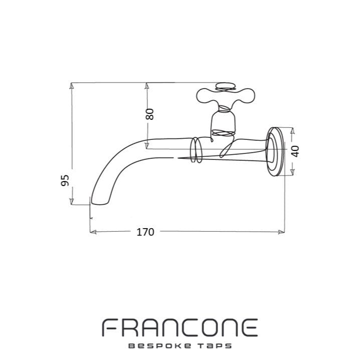 Technical drawing with dimensions for the Francone BT50W traditional solid brass wall mounted faucet.