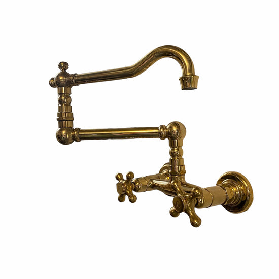 Francone BT54 traditional unlacquered brass kitchen pot filler faucet with double handles.