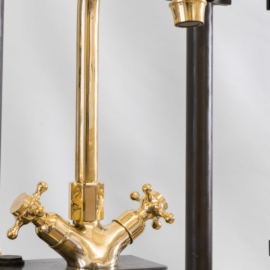 Francone BT57 traditional deck mounted unlacquered brass faucet with double handles.