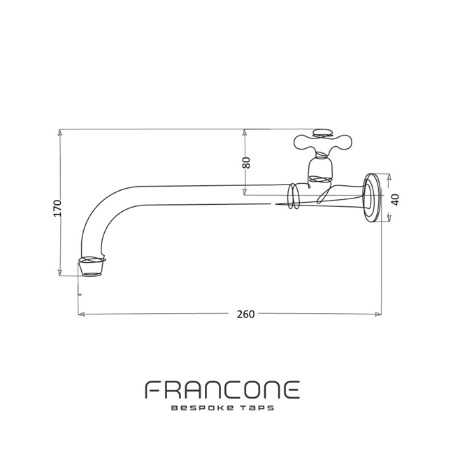 Technical drawing with dimensions for the Francone BT59 traditional wall-mounted bathroom faucet.