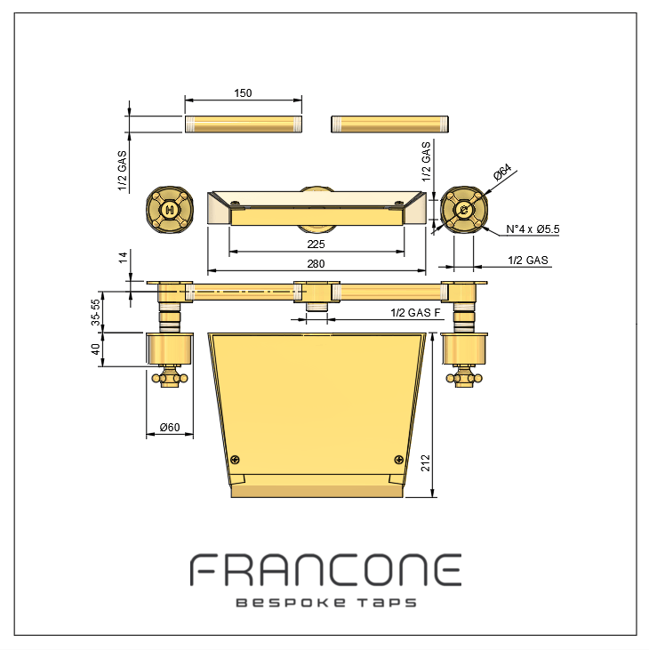 Technical drawing with dimensions for the Francone BT61M wall-mounted solid brass waterfall tap faucet.