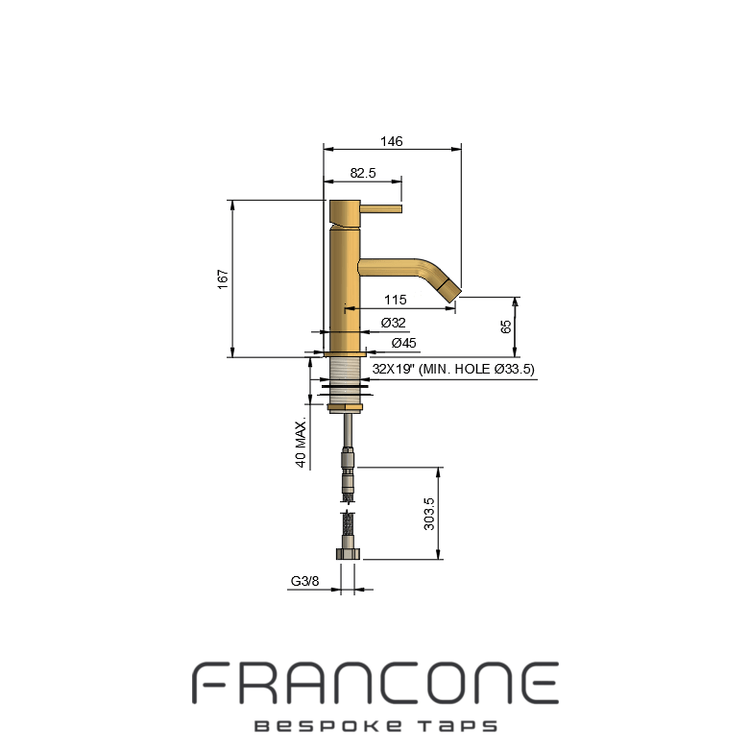 Technical drawing with dimensions for the Francone BT64 bathroom mixer tap faucet.