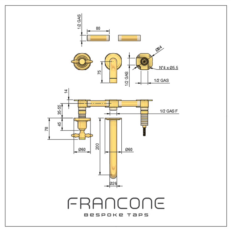 Technical drawing with dimensions for the Francone BT68 traditional brass wall-mounted faucet.