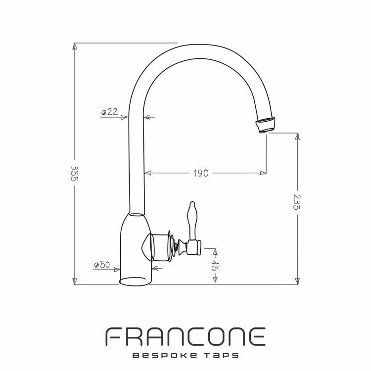 Technical drawing with dimensions for the Francone BT69F traditional solid brass kitchen filtered water faucet.