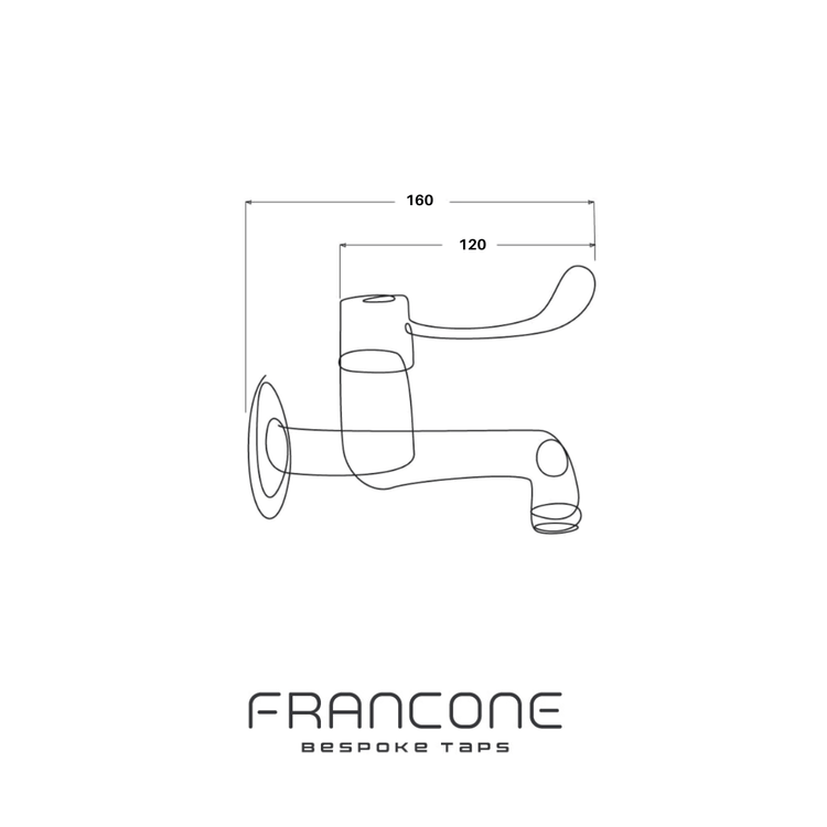 Technical drawing with dimensions for the Francone BT72L wall-mounted bathroom tap with long lever.