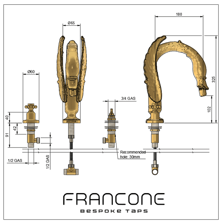 Technical drawing with dimensions for the Francone BT80 solid brass swan-neck deck mounted faucet.