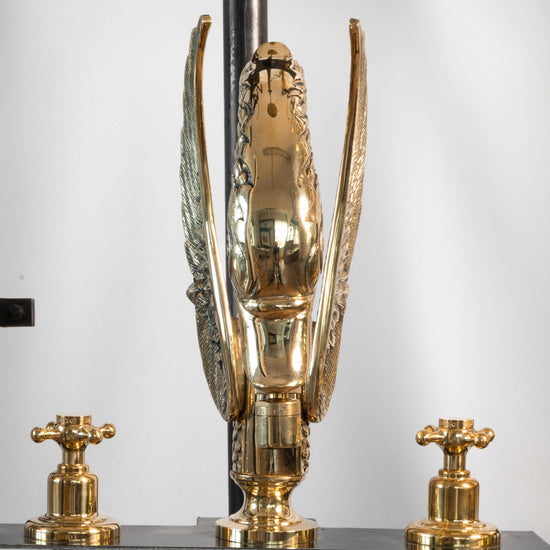 Francone BT80 unlacquered brass bathroom tap with an ornamental swan faucet spout, handcrafted in Italy.