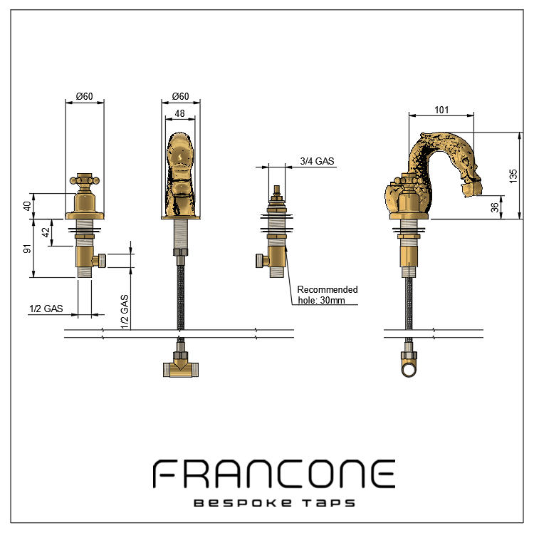 Technical drawing with dimensions for the Francone BT80B solid brass swan bidet tap.