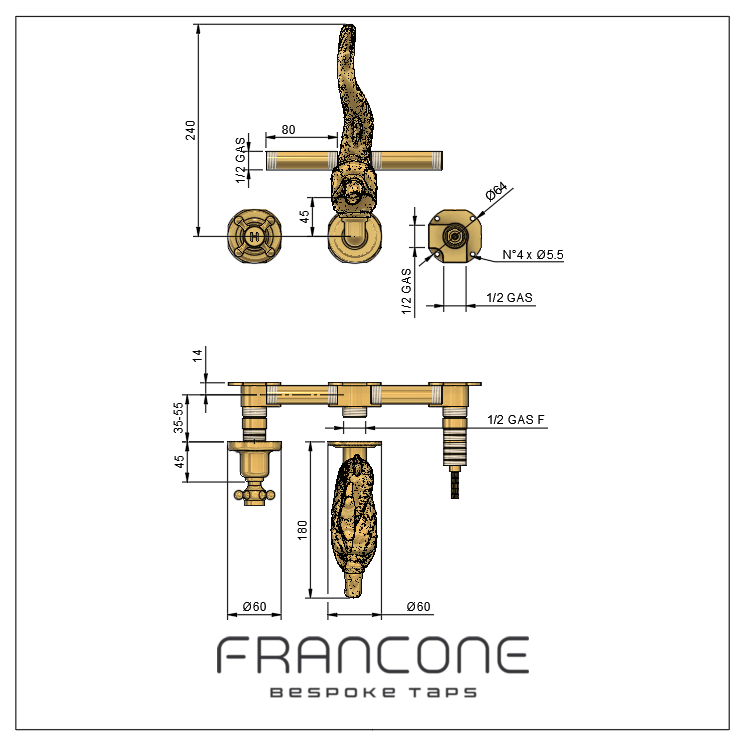 Technical drawing with dimensions for the Francone BT81W traditional solid brass wall-mounted faucet with fish spout.