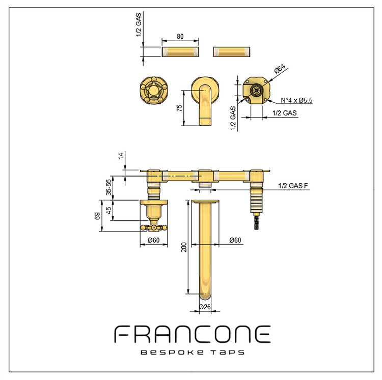 Technical drawing with dimensions of the Francone BT82 solid brass wall mounted basin faucet.