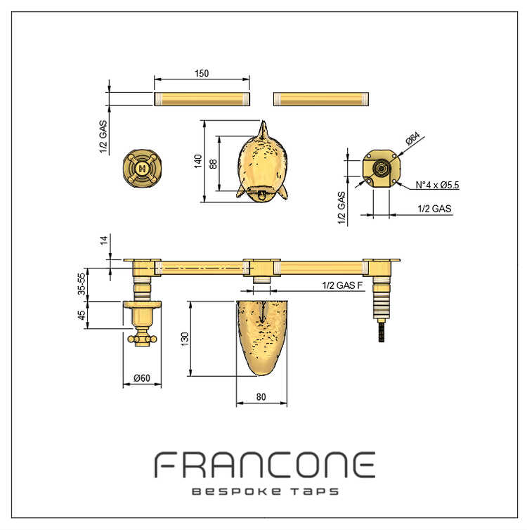 Technical drawing with dimensions for the Francone BT86 wall-mounted solid brass tap with decorative fish head spout.