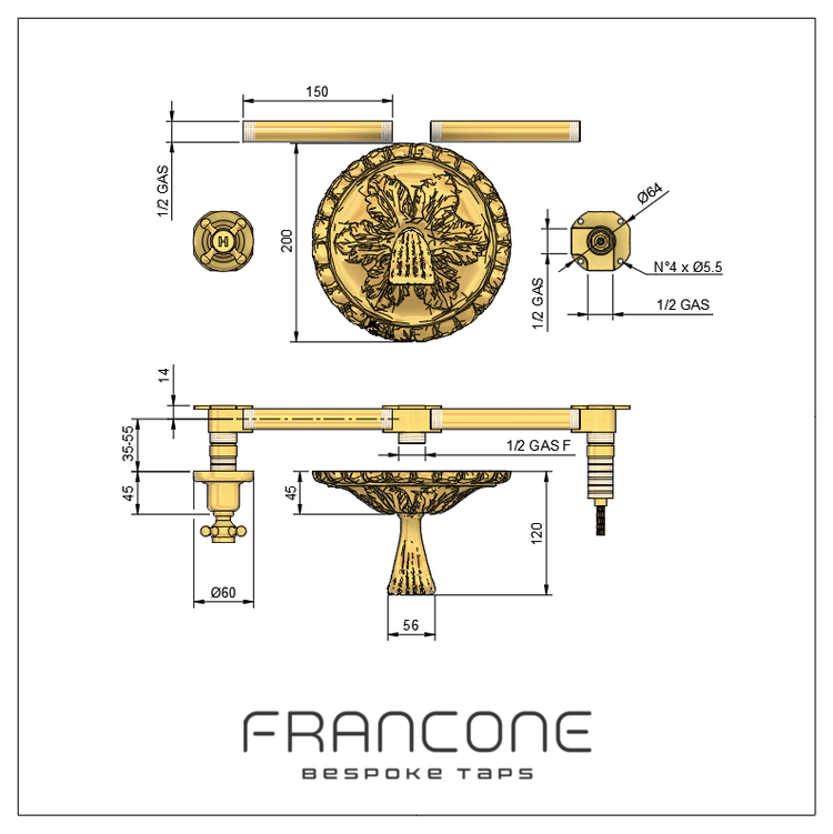 Technical drawing with dimensions for the Francone BT88 solid brass wall-mounted tap, also a bathroom faucet.