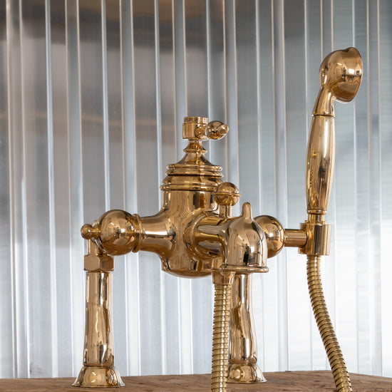 Francone BT95D traditional unlacquered brass deck mounted bath mixer tap and hand shower faucet.