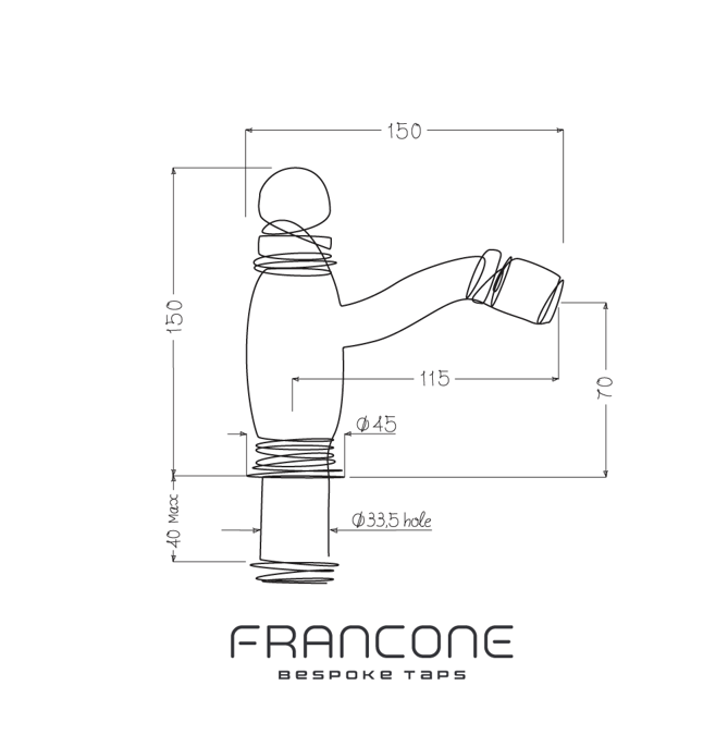 Technical drawing with dimensions for the Francone BT97B classic deck-mounted brass bidet mixer tap, also a faucet.