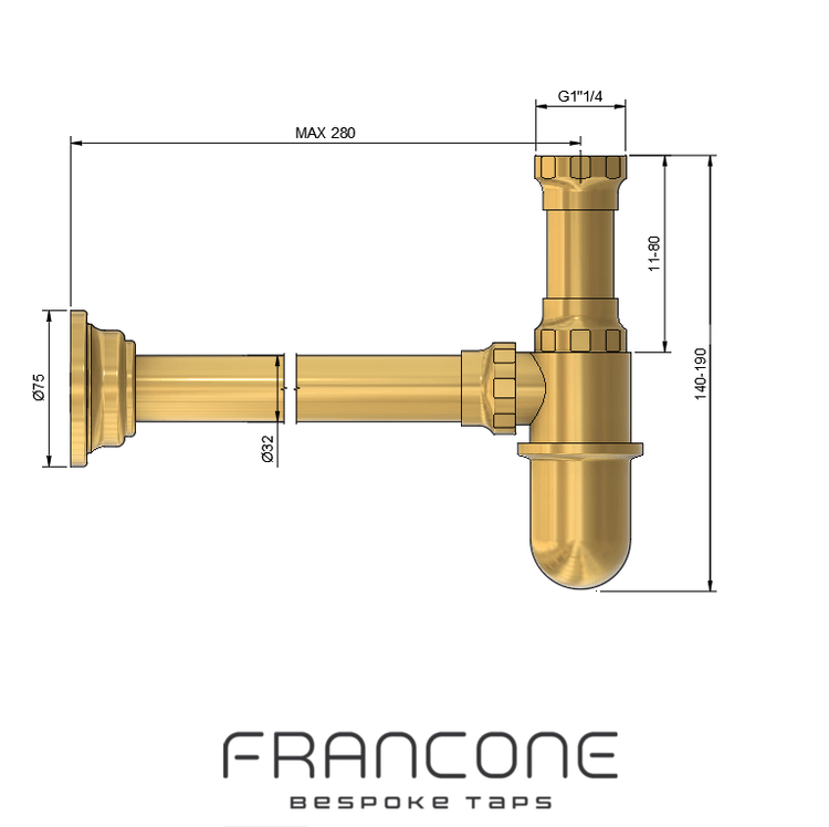 Technical drawing with dimensions for the Francone BTA1 traditional bottle trap bathroom waste.