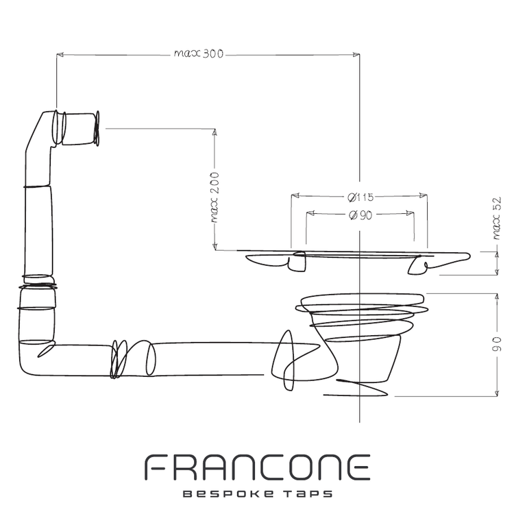 Technical drawing with dimensions for the Francone BTA18O solid brass basket strainer waste with overflow.