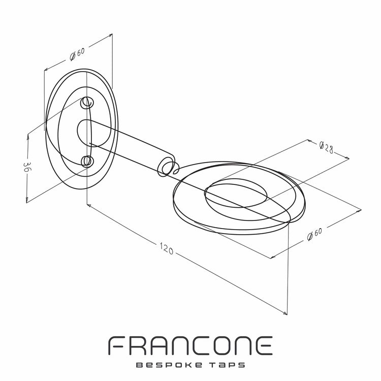 Technical drawing with dimensions for the Francone BTA26 single soap bottle holder in solid brass.