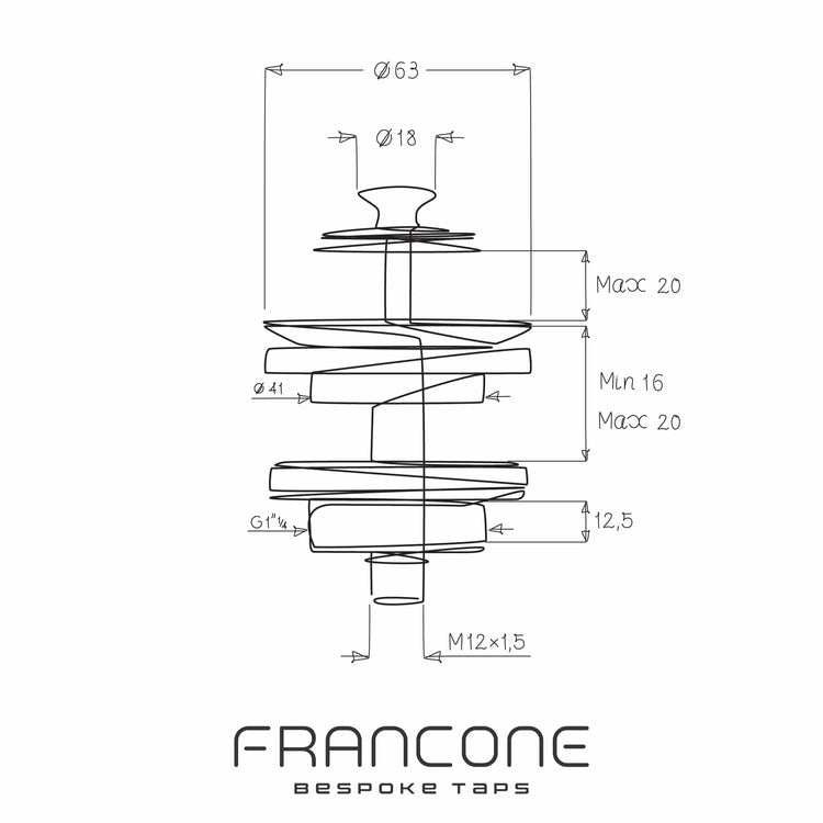 Technical drawing with dimensions for the Francone BTA2S solid brass old style basin drain waste.