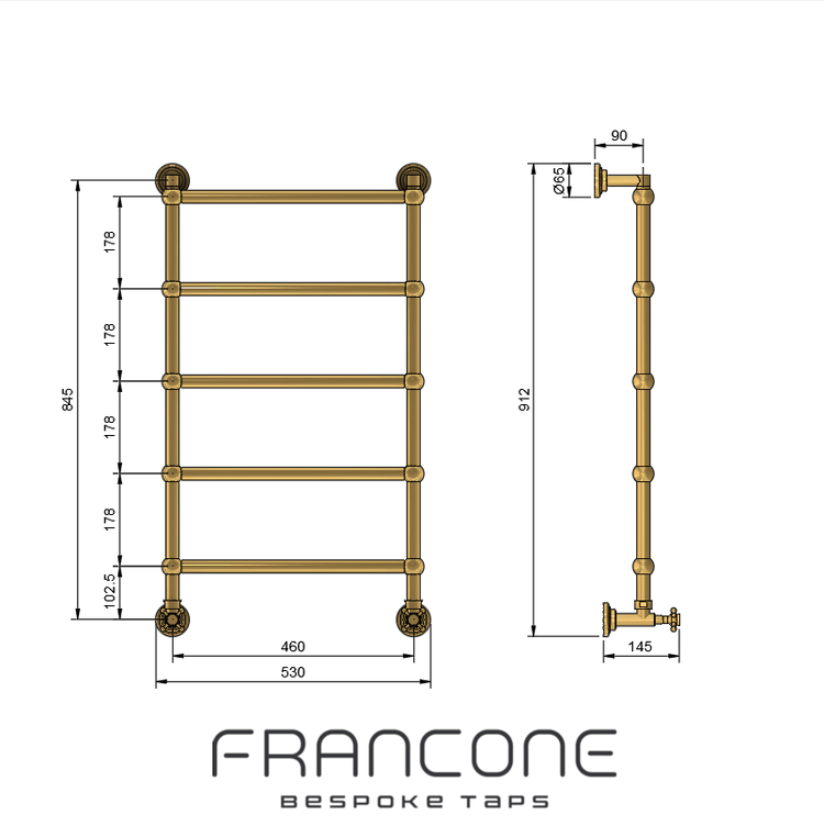 Technical drawing with dimensions for the Francone BTR14 traditional plumbed heated towel rail.