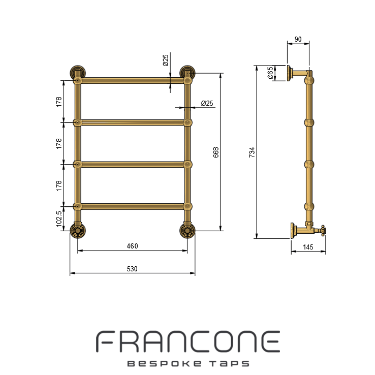 Technical drawing with dimensions for the Francone BTR15 traditional brass heated towel rail.